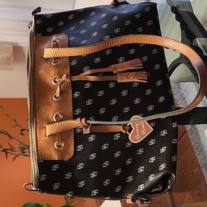 Dark Brown Dooney & Burke cream monogram canvas and leather purse